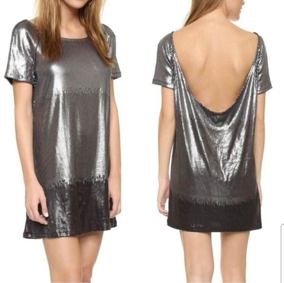 Free People Gun Metal Sequin Low Back Short Sleeve Mini Dress Small - Picture 1 of 6